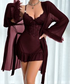 2pcs Set: Fishbone Style Cinch Waist Lace Cami Nightgown & Wide Sleeve Mesh Robe (Maroon)