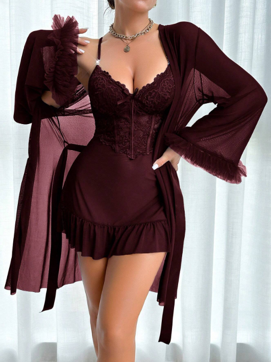 2pcs Set: Fishbone Style Cinch Waist Lace Cami Nightgown & Wide Sleeve Mesh Robe (Maroon)