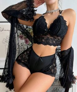 Ladies' Solid Color Lace Patchwork Top And Shorts, Matched With See-Through Jacket, Pajama Set (Black)