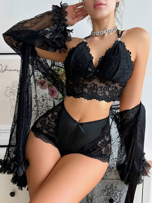 Ladies' Solid Color Lace Patchwork Top And Shorts, Matched With See-Through Jacket, Pajama Set (Black)