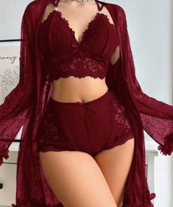 Ladies' Solid Color Lace Patchwork Top And Shorts, Matched With See-Through Jacket, Pajama Set (Burgundy)