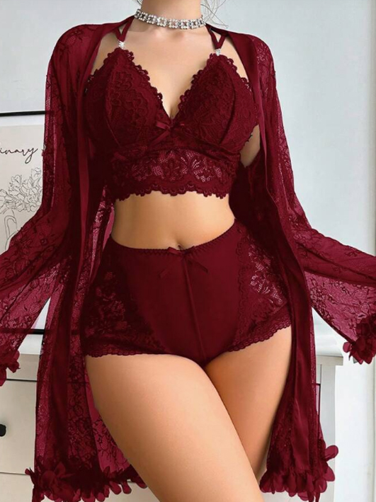 Ladies' Solid Color Lace Patchwork Top And Shorts, Matched With See-Through Jacket, Pajama Set (Burgundy)