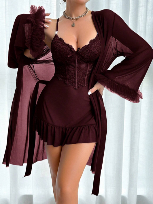 2pcs Set: Fishbone Style Cinch Waist Lace Cami Nightgown & Wide Sleeve Mesh Robe