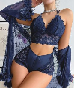 Ladies' Solid Color Lace Patchwork Top And Shorts, Matched With See-Through Jacket, Pajama Set (Navy Blue)