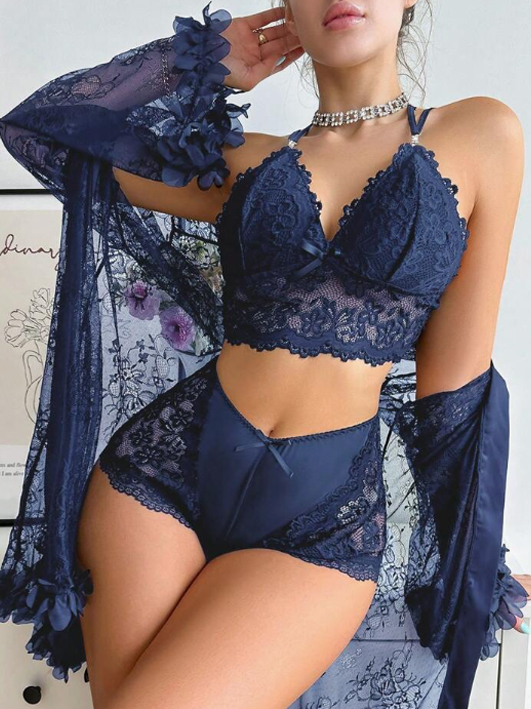 Ladies' Solid Color Lace Patchwork Top And Shorts, Matched With See-Through Jacket, Pajama Set (Navy Blue)