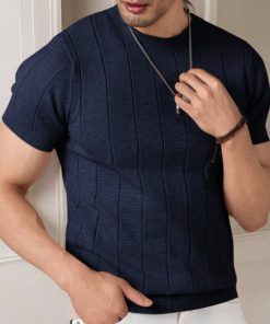 Men's Short Sleeve Knit Vertical Striped Crew Neck Top (Navy-blue)