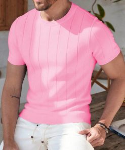 Men's Short Sleeve Knit Vertical Striped Crew Neck Top (Pink)
