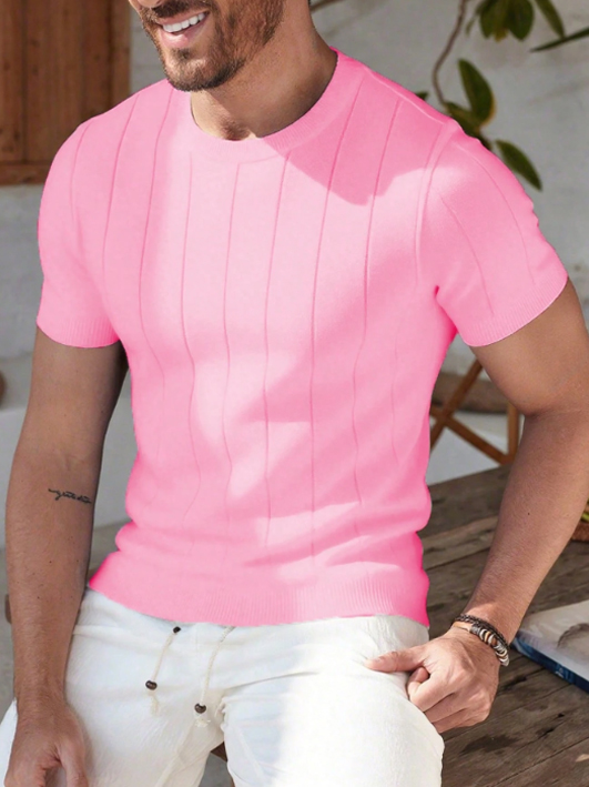 Men's Short Sleeve Knit Vertical Striped Crew Neck Top (Pink)