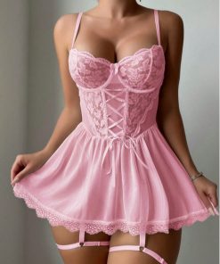 Sexy Lace See-Through Halter Dress, Thong Trouser Leg Covers, Seductive Underwear, Slimming Female Romantic Pajamas Pink