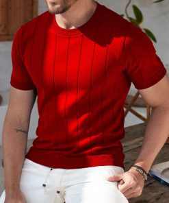 Men's Short Sleeve Knit Vertical Striped Crew Neck Top (Red)
