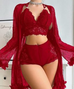 Ladies' Solid Color Lace Patchwork Top And Shorts, Matched With See-Through Jacket, Pajama Set (Red)