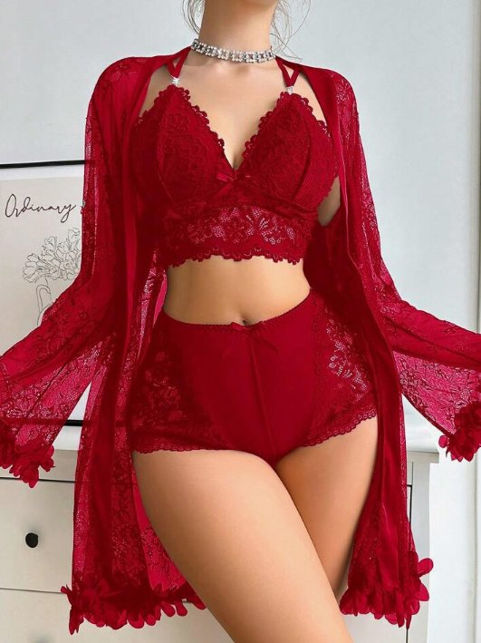 Ladies' Solid Color Lace Patchwork Top And Shorts, Matched With See-Through Jacket, Pajama Set (Red)