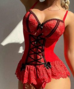 European And American Erotic Lace Butterfly Retro Baroque Suspender Nightdress Back To School (Red)