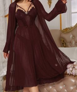 Fishbone Style Cinch Waist Lace Cami Nightgown